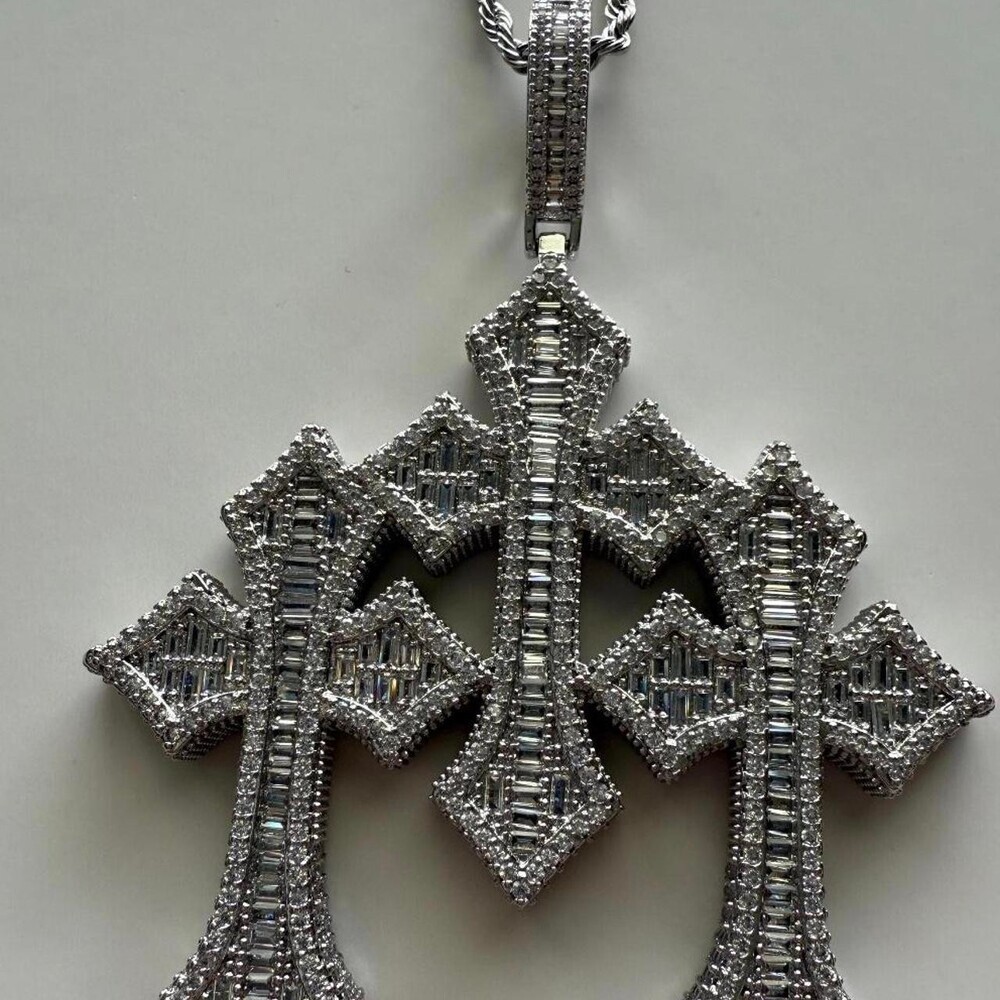 Silver Triple Cross Pendant Necklace 24inch rope chain